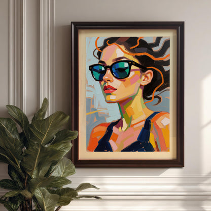 A framed art print of a woman in sunglasses hangs on a white paneled wall next to a large potted plant.
