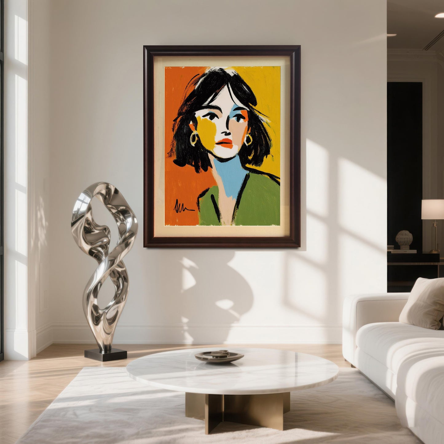 An abstract portrait of a woman hangs in a brown frame on a white wall above a modern white coffee table and couch. A silver sculpture stands to the left.