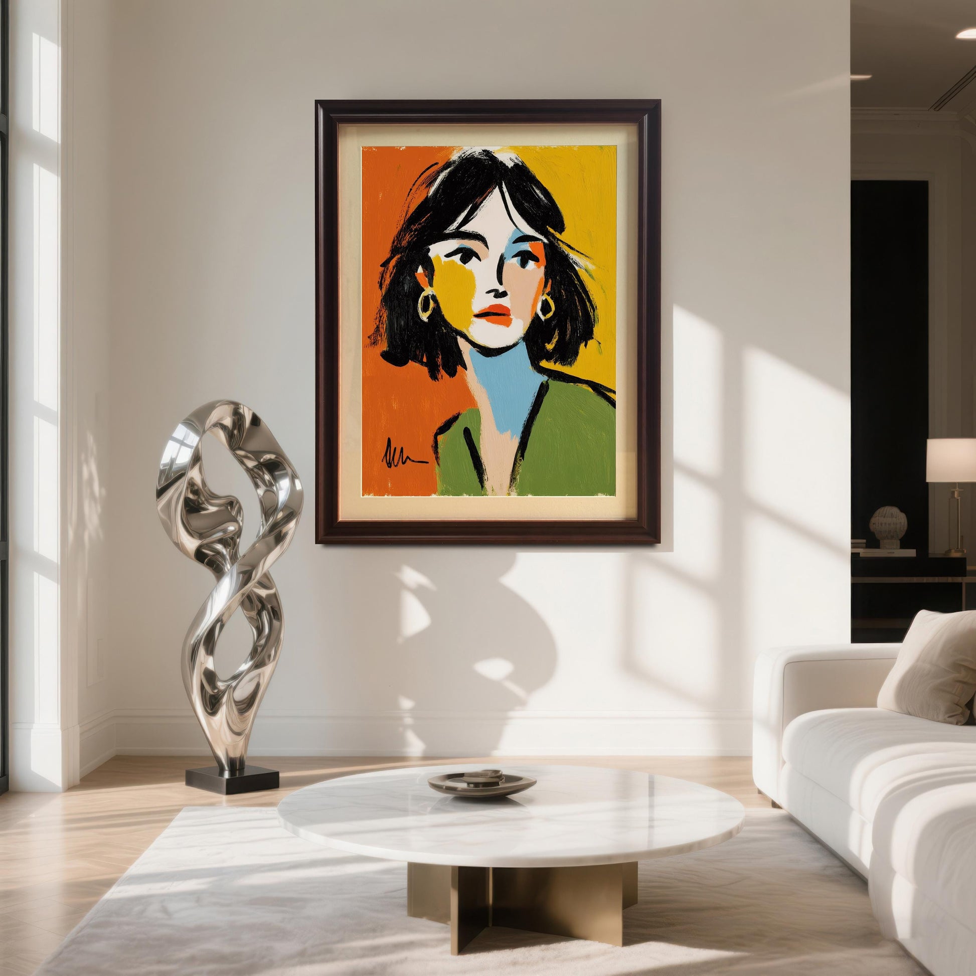 An abstract portrait of a woman hangs in a brown frame on a white wall above a modern white coffee table and couch. A silver sculpture stands to the left.