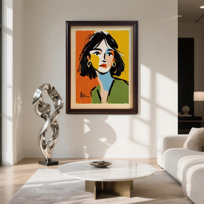 An abstract portrait of a woman hangs in a brown frame on a white wall above a modern white coffee table and couch. A silver sculpture stands to the left.