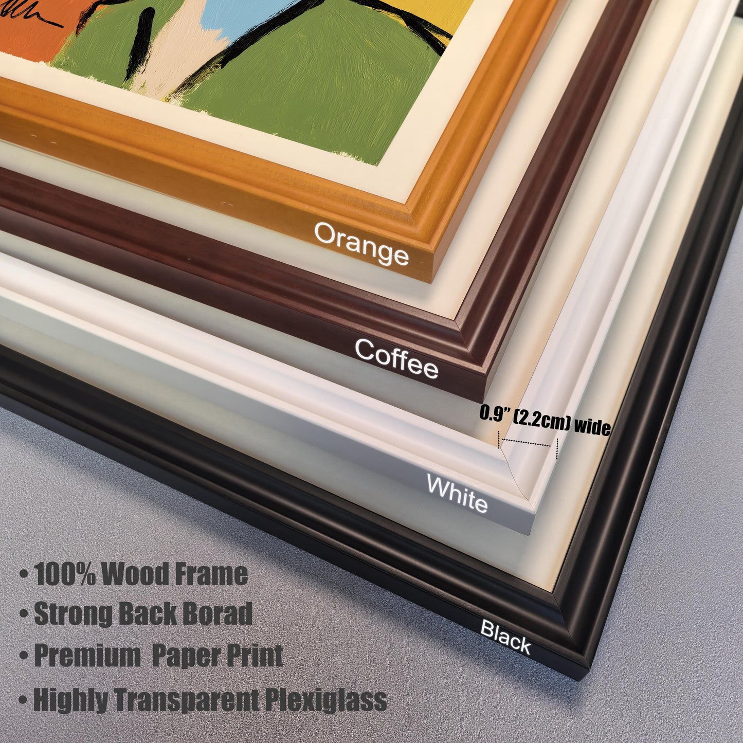 A close-up of four different wood frame samples: black, white, coffee, and orange. The image lists the frame is 0.9 inches wide and highlights features like a 100% wood frame and premium paper.