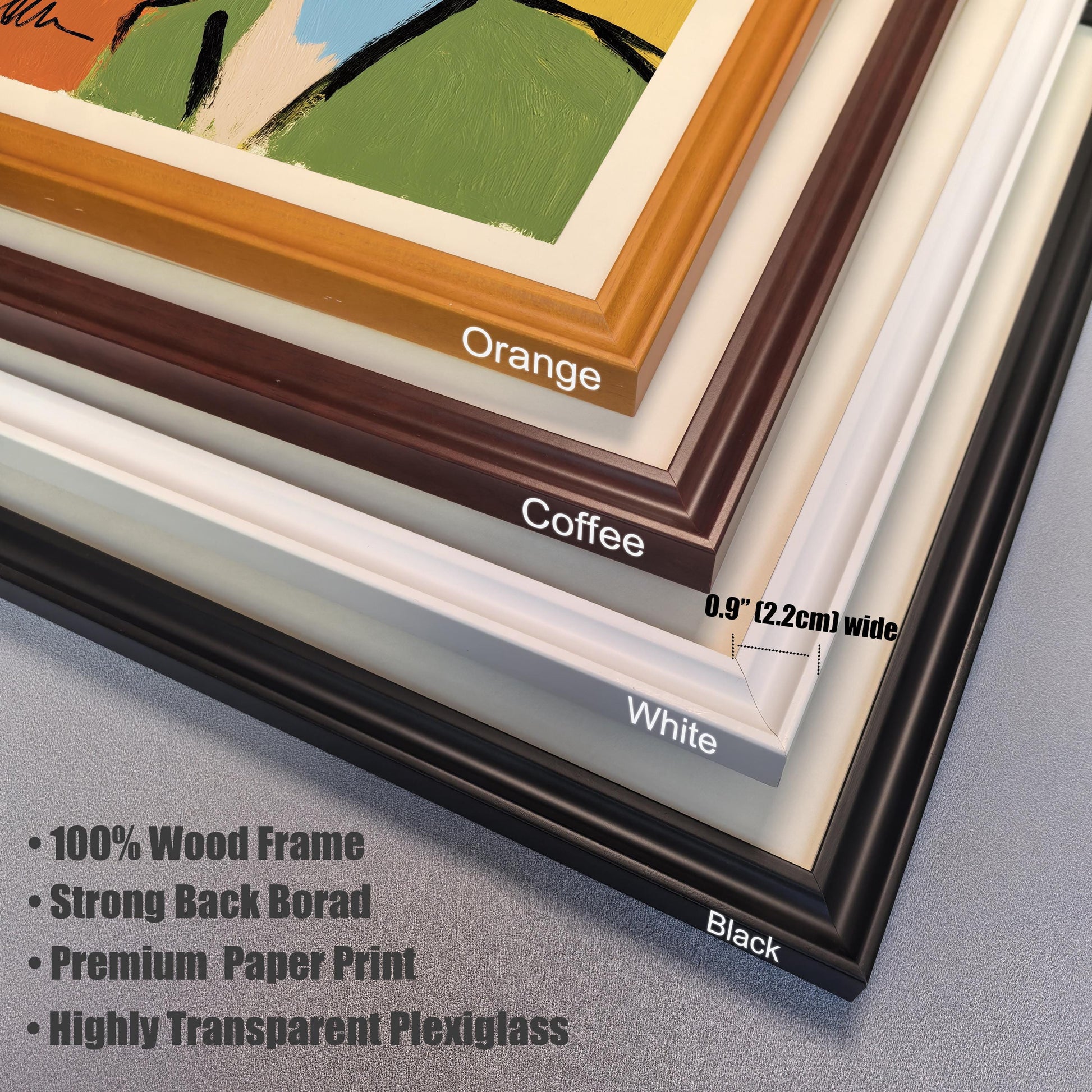 A close-up of four different wood frame samples: black, white, coffee, and orange. The image lists the frame is 0.9 inches wide and highlights features like a 100% wood frame and premium paper.