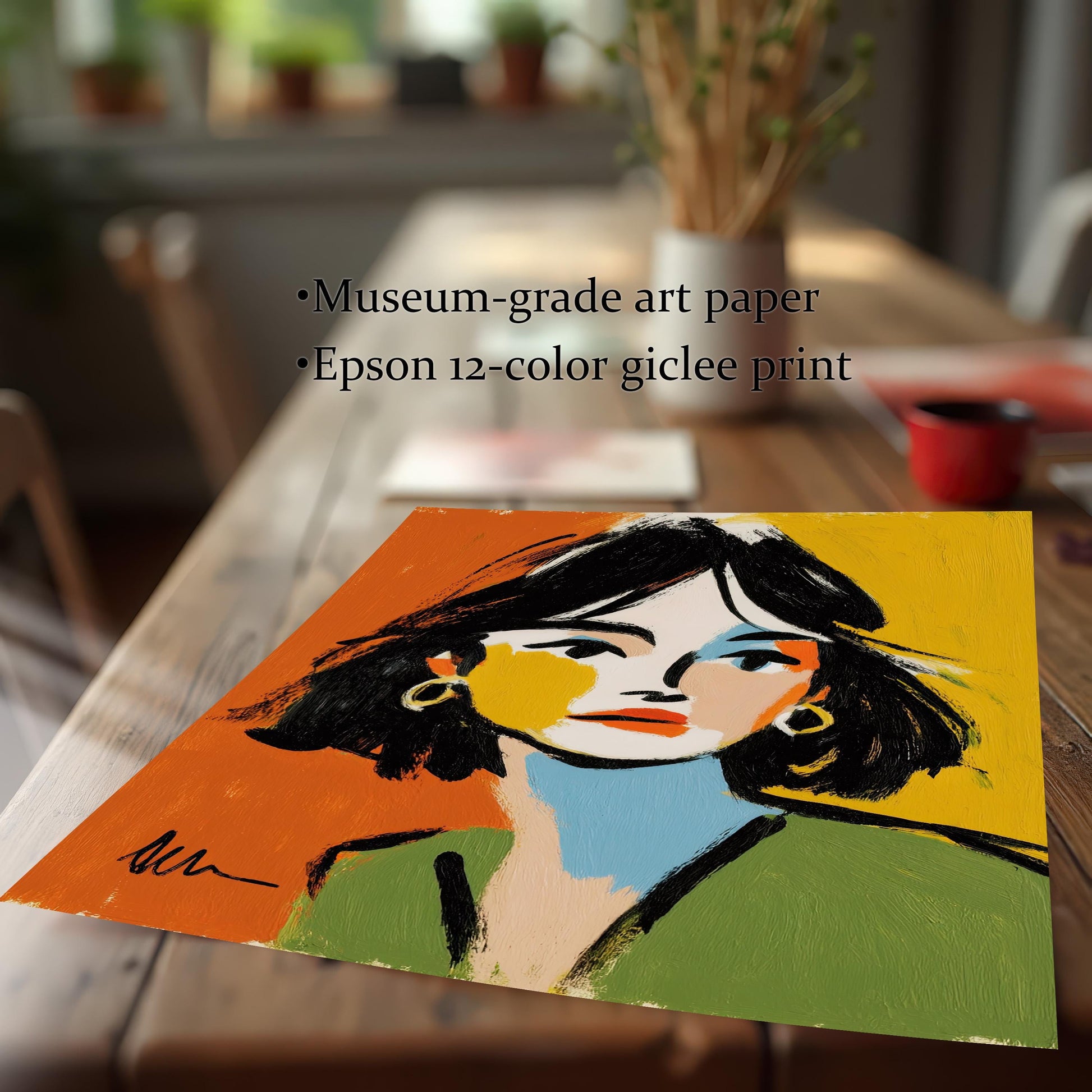 A loose, unframed art print of an abstract portrait of a woman is shown on a wooden table, with text describing it as museum-grade art paper.