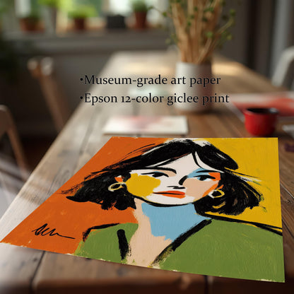 A loose, unframed art print of an abstract portrait of a woman is shown on a wooden table, with text describing it as museum-grade art paper.
