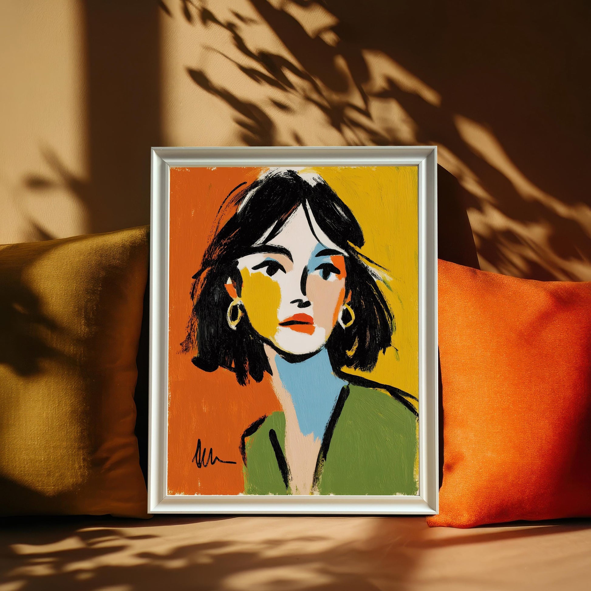 A framed art print is propped up against a couch with yellow and orange cushions. The print features a colorful abstract portrait of a woman.