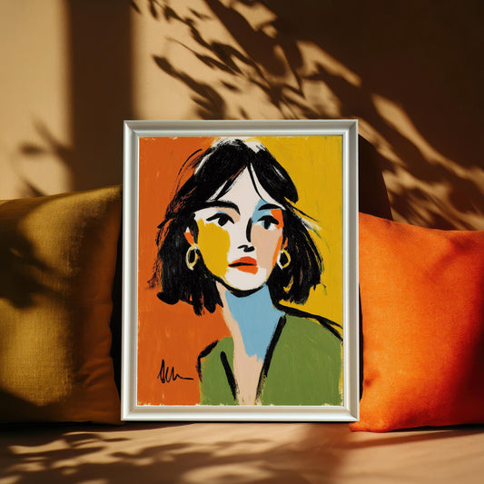 A framed art print is propped up against a couch with yellow and orange cushions. The print features a colorful abstract portrait of a woman.