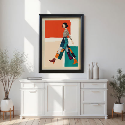 A framed art print of a woman in a striped shirt and patterned pants hangs above a white buffet table with plants and vases.