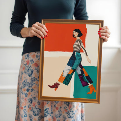 A person holds an art print in a gold frame. The art features a woman in a striped shirt and patterned pants, walking.