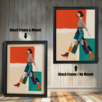 A modern art print of a woman in a striped shirt and patterned pants, shown in two black frames against a rustic wood wall. One has a white mount, the other does not.