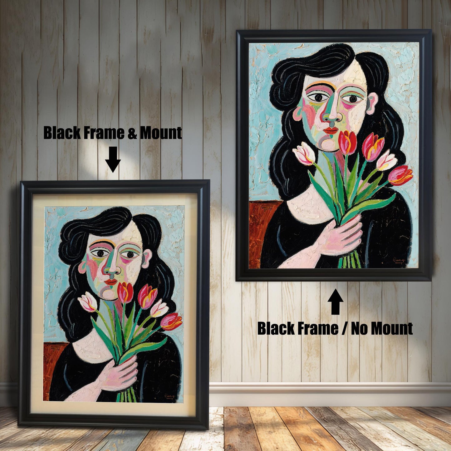 A side-by-side comparison of the same art print with a black frame. One is framed with a white mount, and the other is framed without.
