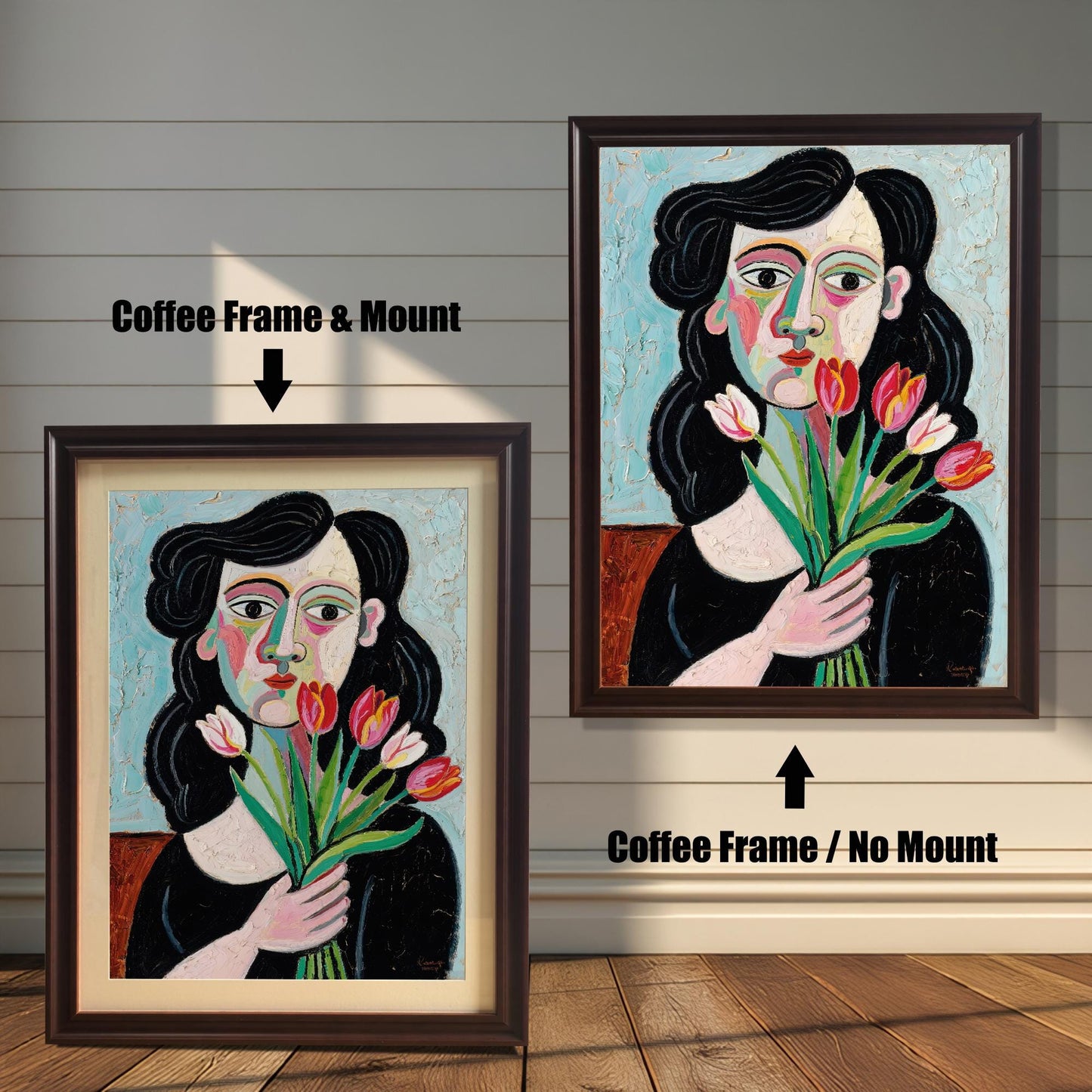 A side-by-side comparison of the same art print with a coffee-colored frame. One is framed with a white mount, and the other is framed without.