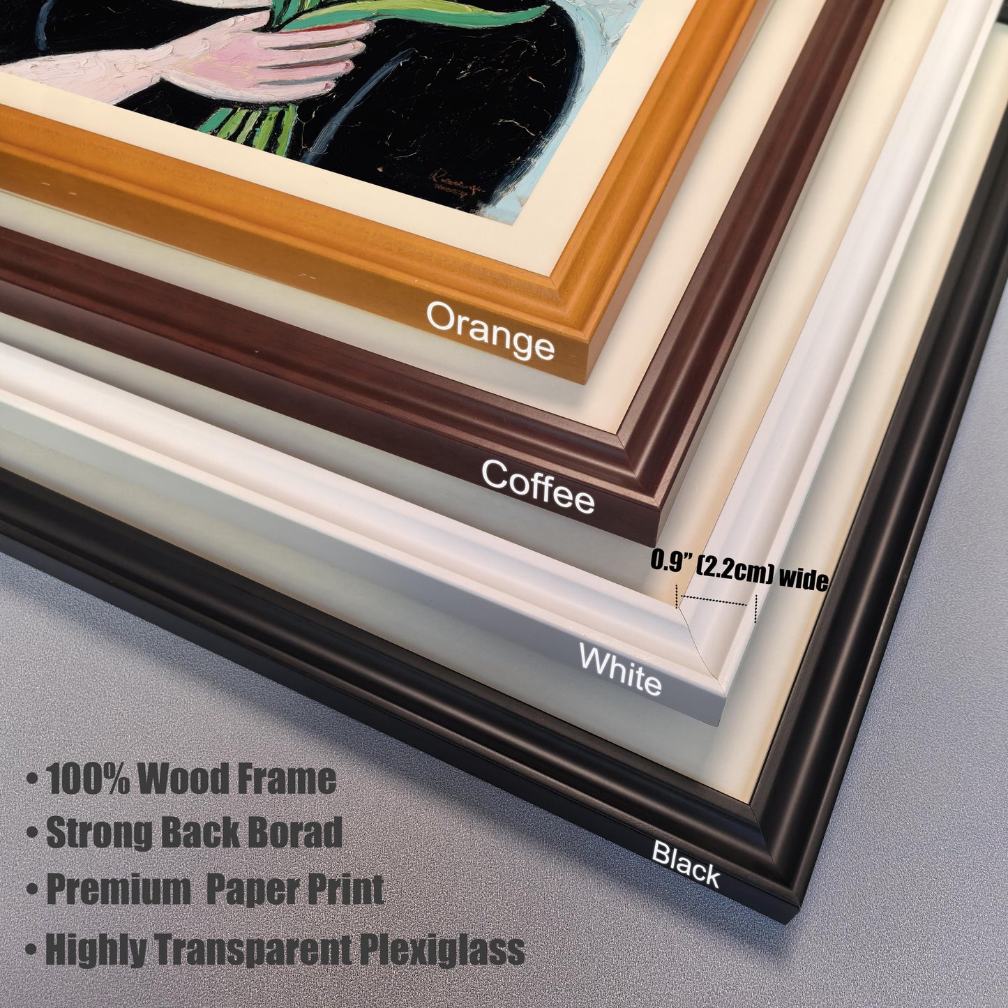 A close-up, angled shot showing the corner of four different colored frames (orange, coffee, white, and black). Text highlights key features: "100% Wood Frame" and "Highly Transparent Plexiglass."