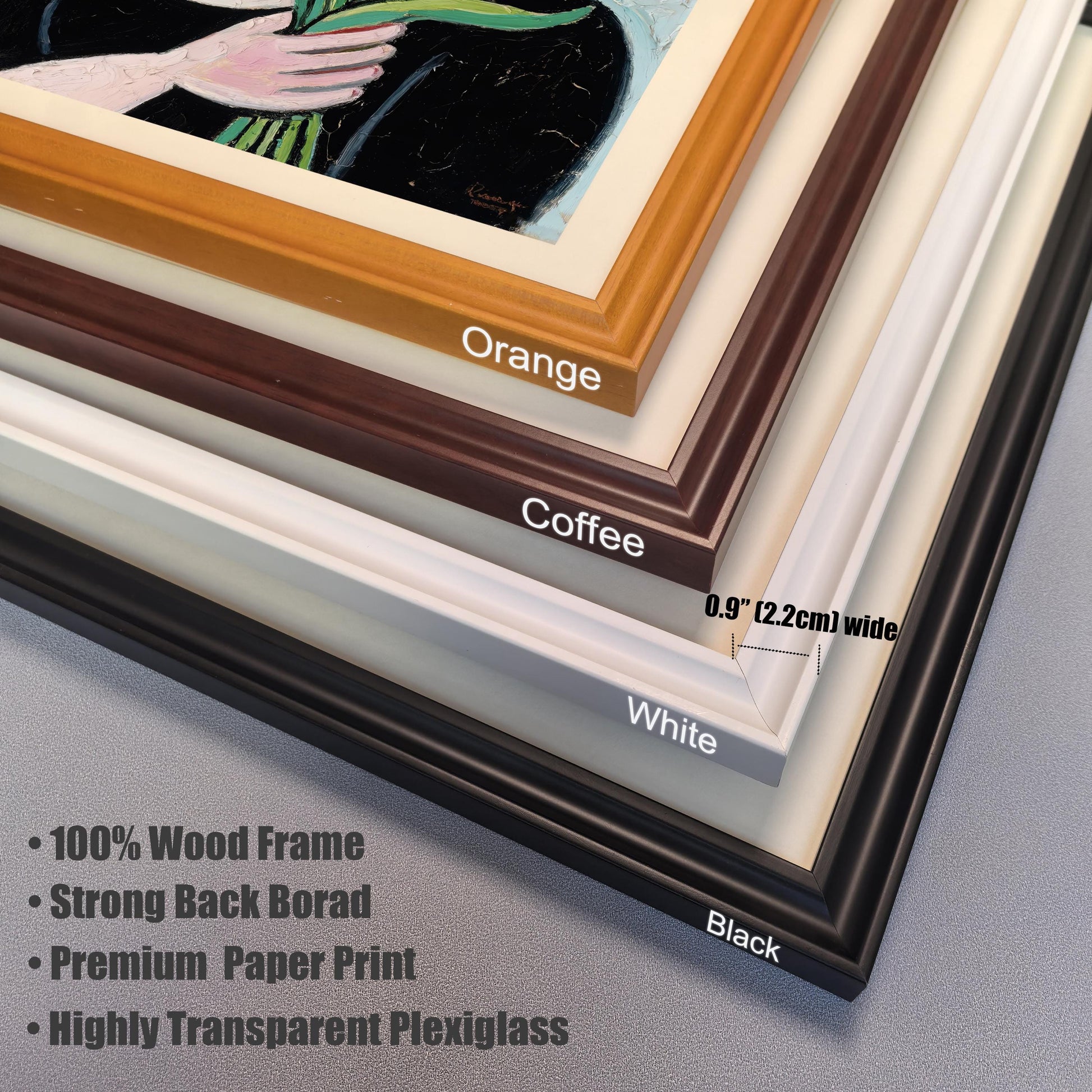 A close-up, angled shot showing the corner of four different colored frames (orange, coffee, white, and black). Text highlights key features: "100% Wood Frame" and "Highly Transparent Plexiglass."