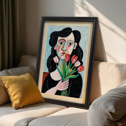 A framed art print featuring a woman with tulips, propped up against a wall on a light-colored sofa with a yellow pillow. The frame is black.