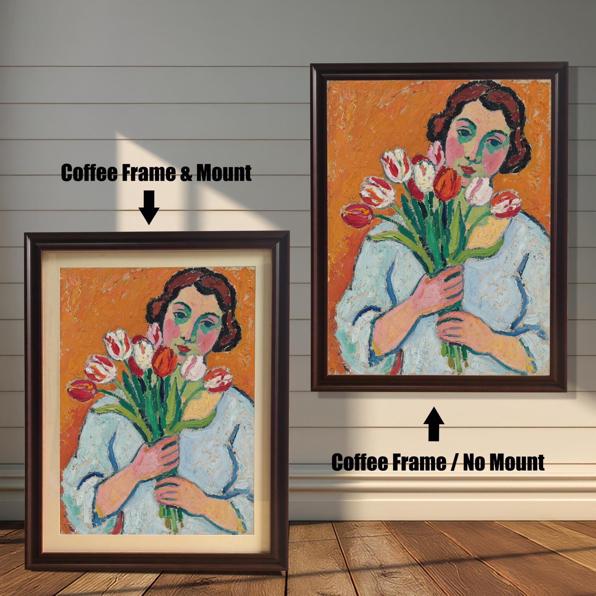 A side-by-side comparison of the same art print with a coffee-colored frame. One is framed with a white mount, and the other is framed without.