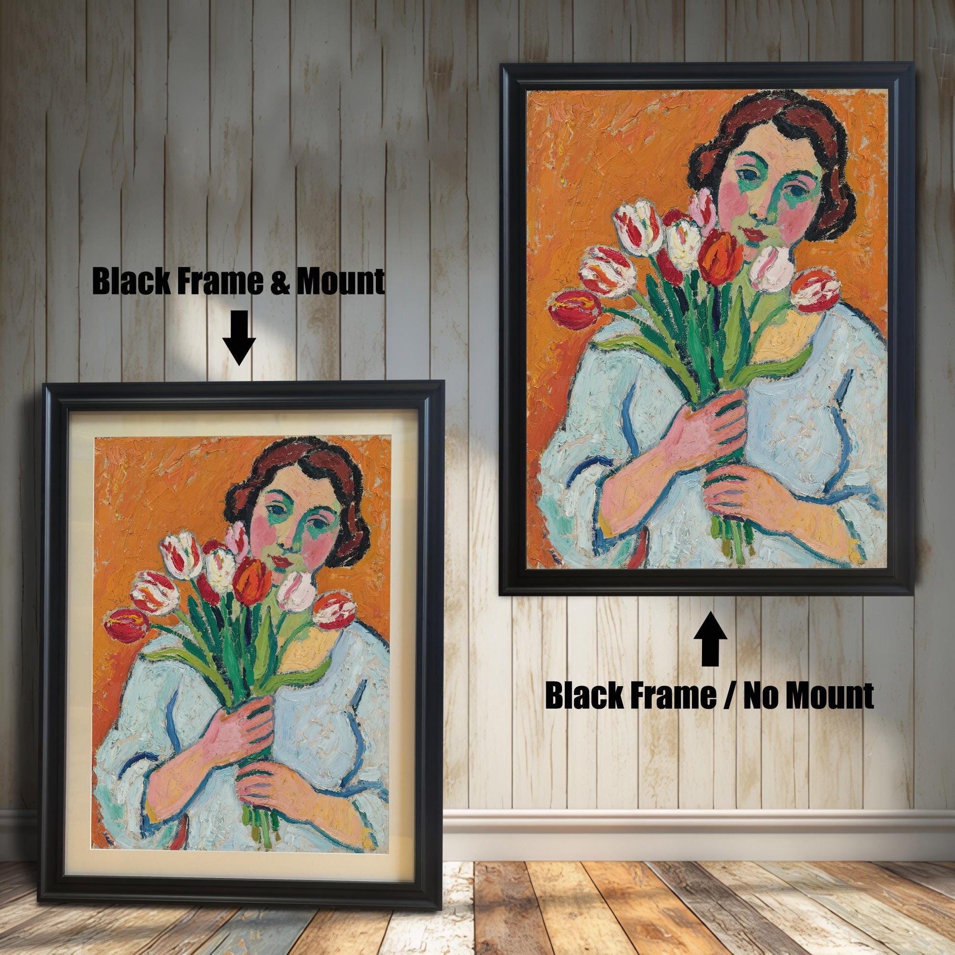 A side-by-side comparison of the same art print with a black frame. One is framed with a white mount, and the other is framed without.