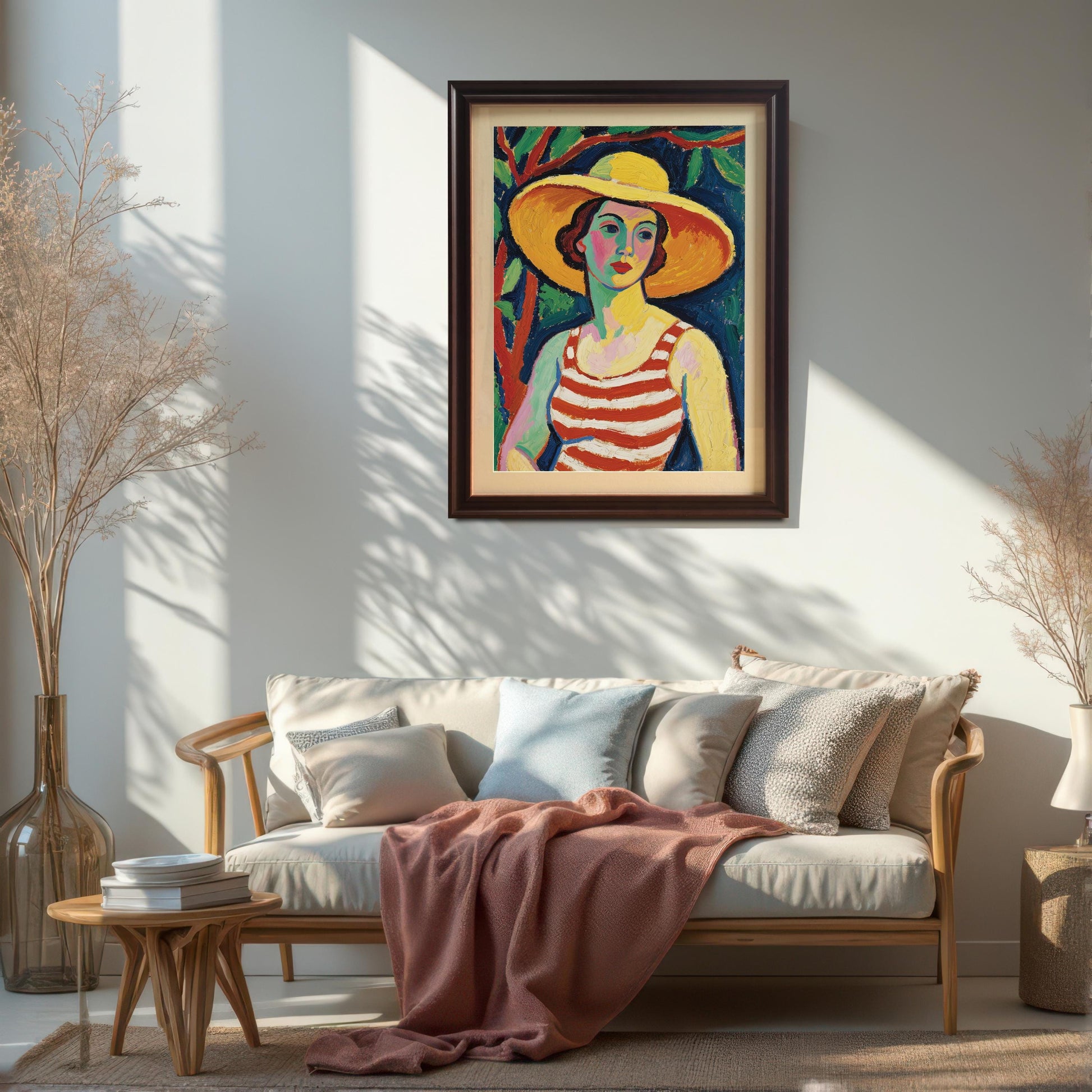 A framed art print of a woman in a striped top and yellow hat, hanging on a white wall above a sofa with pillows and a pink blanket.