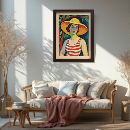 A framed art print of a woman in a striped top and yellow hat, hanging on a white wall above a sofa with pillows and a pink blanket.