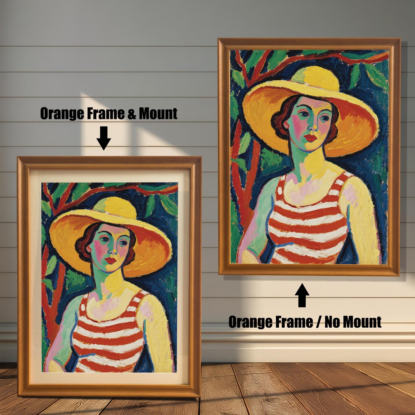 A side-by-side comparison of the same art print with an orange frame. One is framed with a white mount, and the other is framed without.