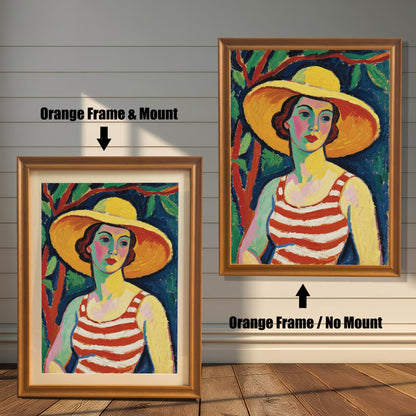 A side-by-side comparison of the same art print with an orange frame. One is framed with a white mount, and the other is framed without.