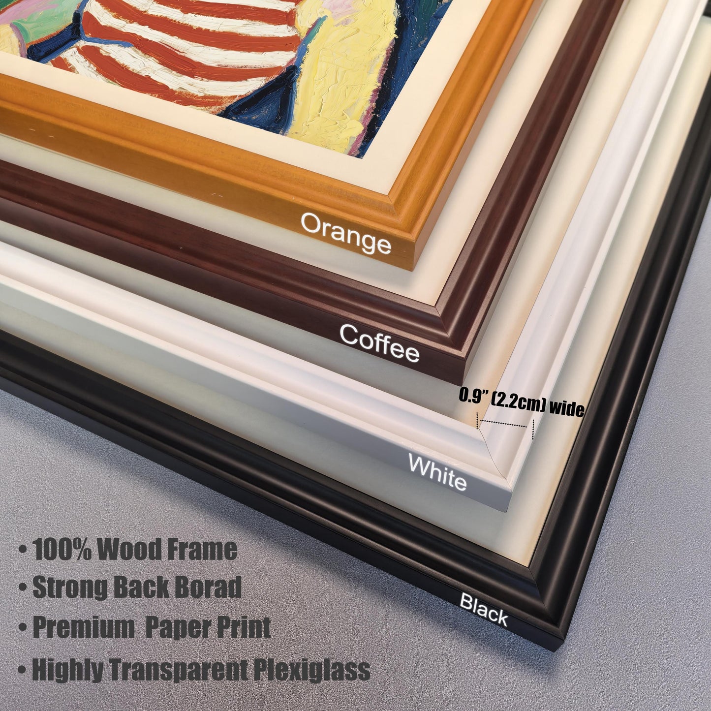 A close-up, angled shot showing the corner of four different colored frames (orange, coffee, white, and black). Text highlights key features: "100% Wood Frame," "Strong Back Borad," "Premium Paper Print," and "Highly Transparent Plexiglass."