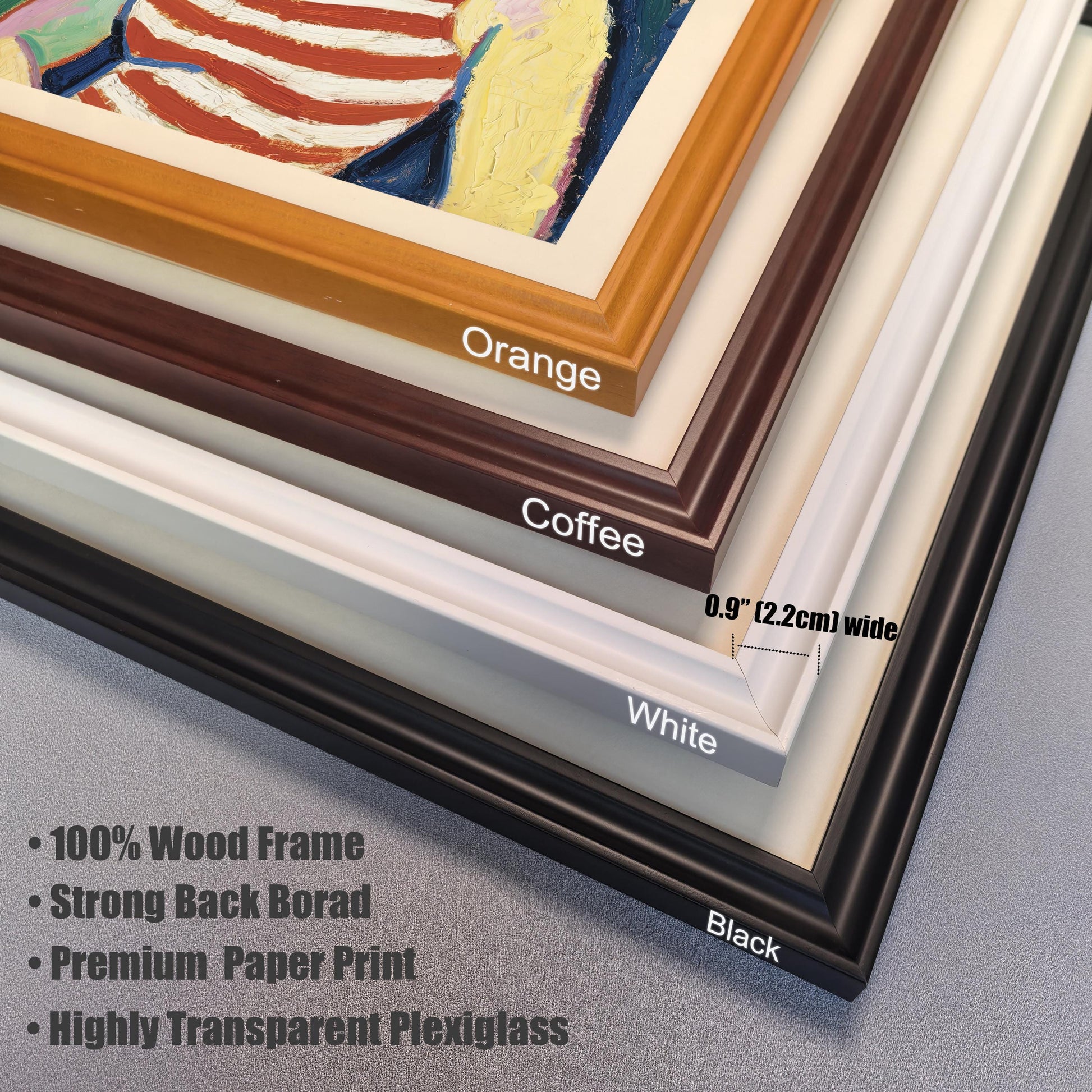 A close-up, angled shot showing the corner of four different colored frames (orange, coffee, white, and black). Text highlights key features: "100% Wood Frame," "Strong Back Borad," "Premium Paper Print," and "Highly Transparent Plexiglass."