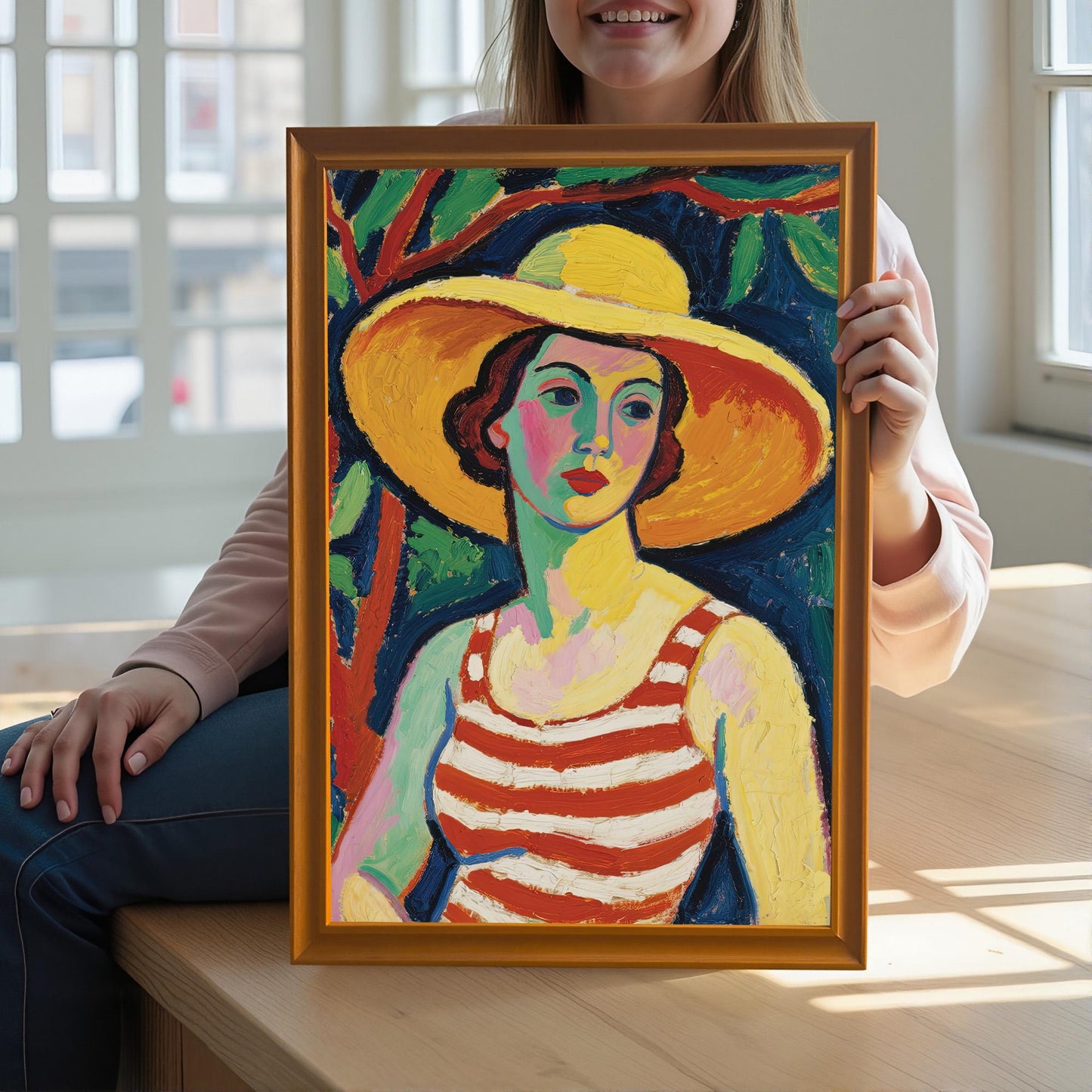 A person holds up a framed art print of a woman in a striped top and yellow hat. The frame is orange.