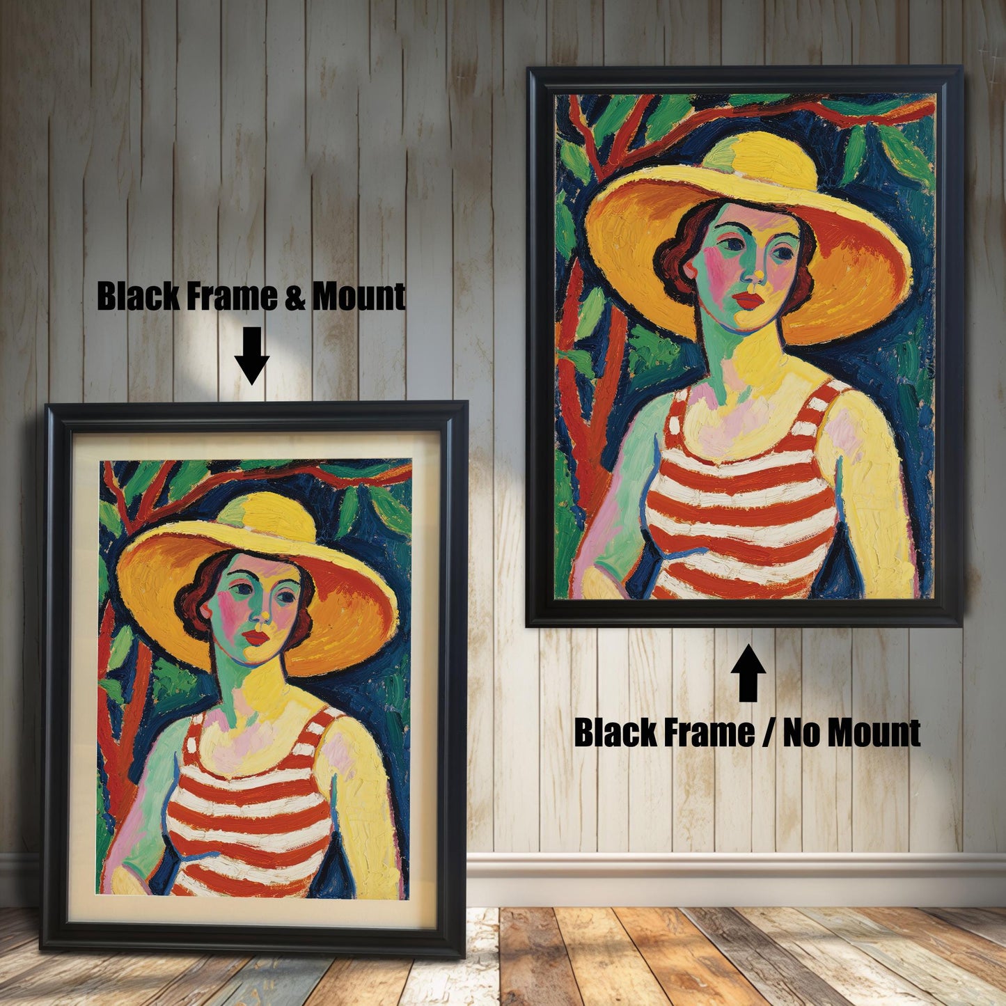 A side-by-side comparison of the same art print with a black frame. One is framed with a white mount, and the other is framed without.