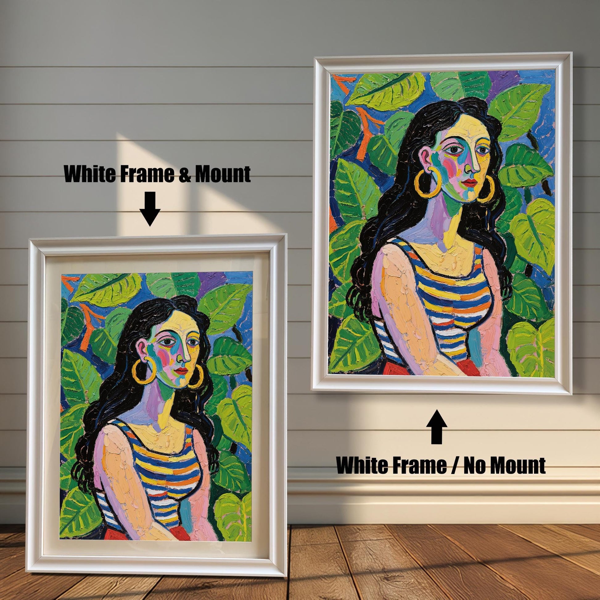 A side-by-side comparison of the same art print with a white frame. One is framed with a white mount, and the other is framed without.