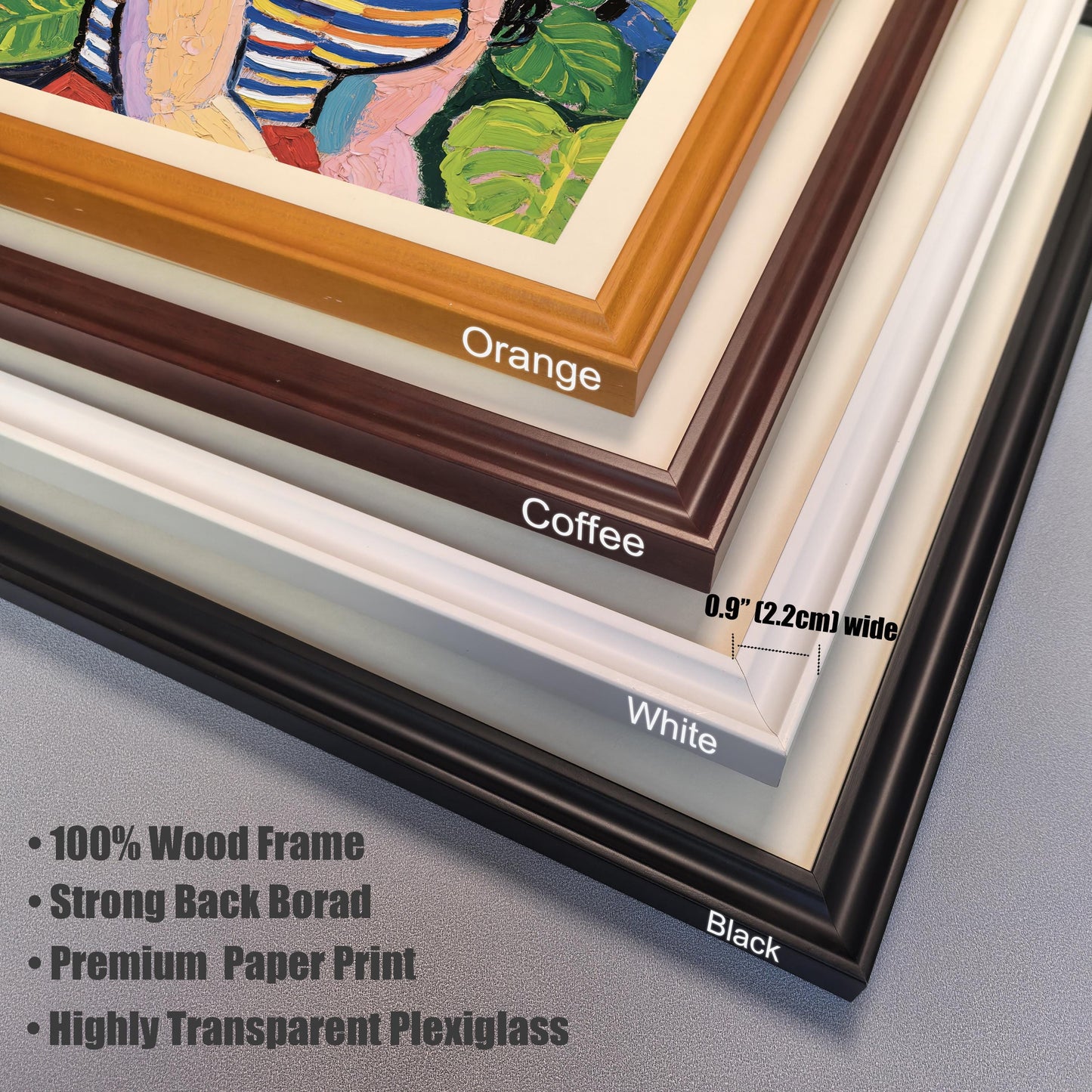 A close-up, angled shot showing the corner of four different colored frames (orange, coffee, white, and black). Text highlights key features: "100% Wood Frame," "Strong Back Borad," "Premium Paper Print," and "Highly Transparent Plexiglass."