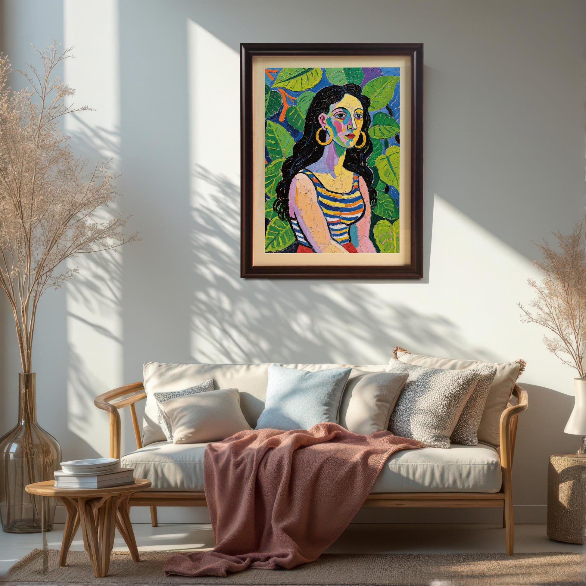 A framed art print of a woman with large hoop earrings and a striped top, hanging on a white wall above a sofa with pillows and a pink blanket.