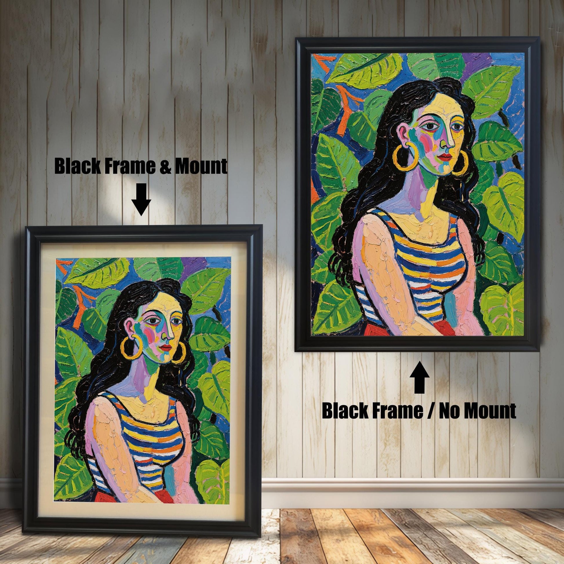 A side-by-side comparison of the same art print with a black frame. One is framed with a white mount, and the other is framed without.