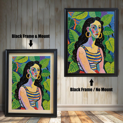 A side-by-side comparison of the same art print with a black frame. One is framed with a white mount, and the other is framed without.