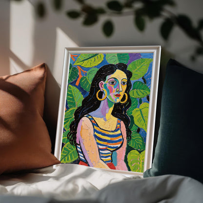 A framed art print featuring a woman with large hoop earrings and a striped top, propped against a pillow on a bed. The frame is white.