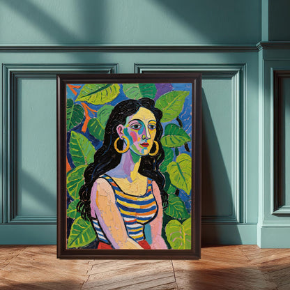 A framed art print of a woman with large hoop earrings and a striped top, propped against a dark blue-green wall with wainscoting. The frame is coffee-colored.