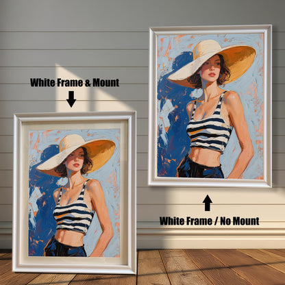 A side-by-side comparison of the same art print with a white frame. One is framed with a white mount, and the other is framed without.