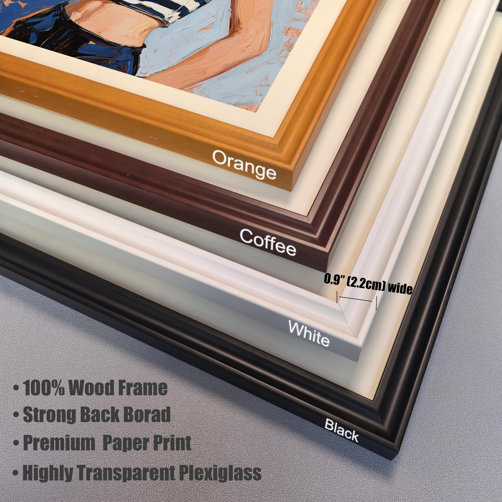 A close-up, angled shot showing the corner of four different colored frames (orange, coffee, white, and black). Text highlights key features: "100% Wood Frame," "Strong Back Borad," "Premium Paper Print," and "Highly Transparent Plexiglass."