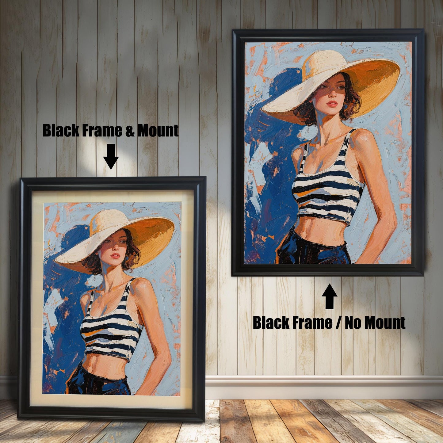 A side-by-side comparison of the same art print with a black frame. One is framed with a white mount, and the other is framed without.