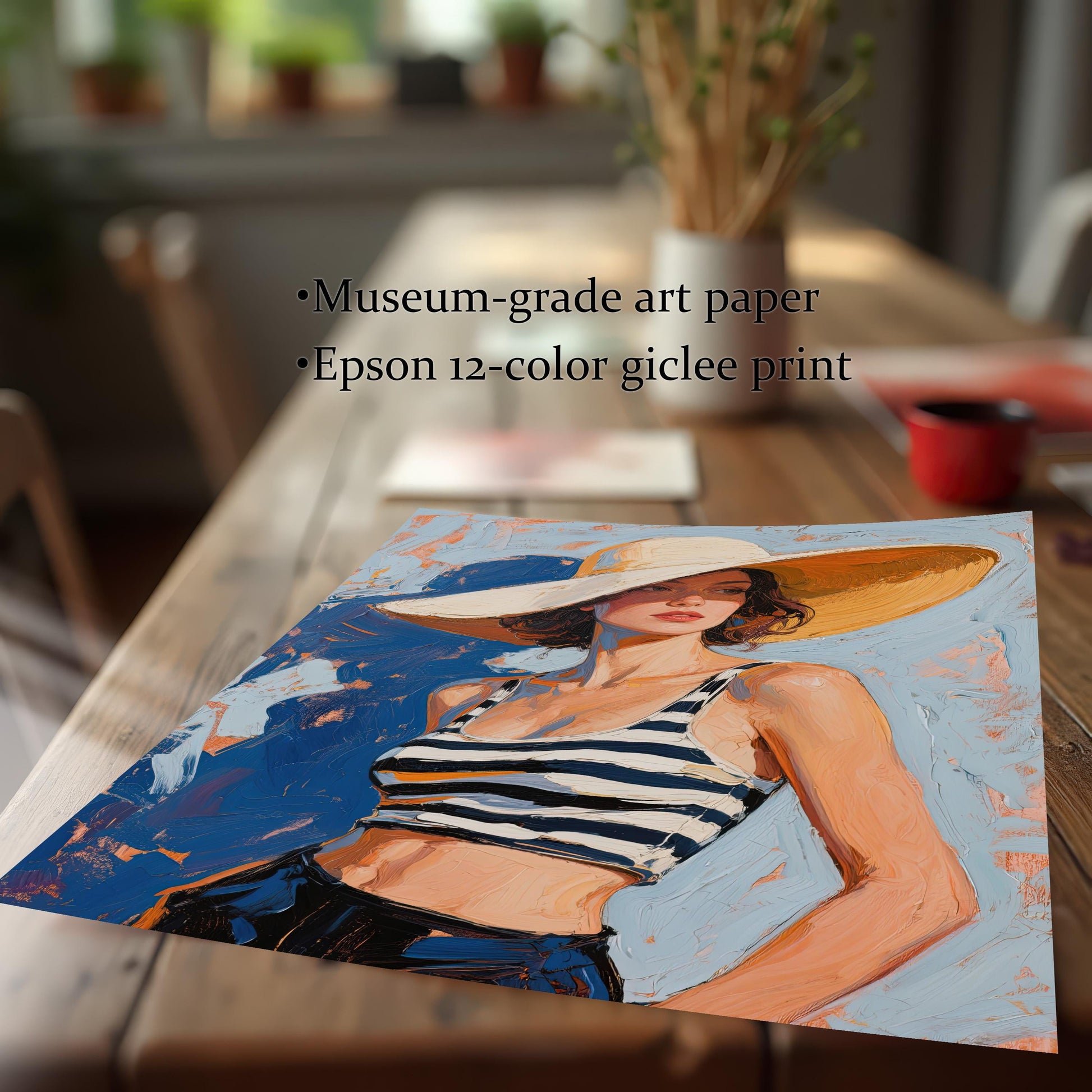 A close-up, angled shot of a print of a woman in a striped top and large sun hat. Text overlays highlight the quality: "Museum-grade art paper" and "Epson 12-color giclee print."