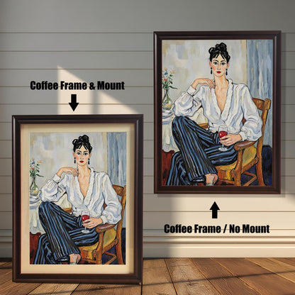 Two framed art prints on a wooden wall showing different coffee frame options. One print has a **Coffee Frame & Mount**, and the other has a **Coffee Frame / No Mount**.
