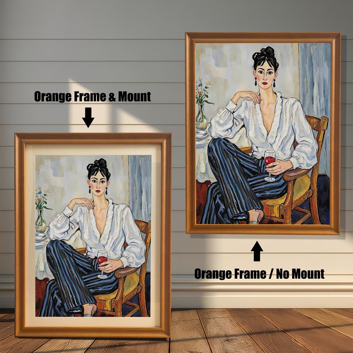 Two framed art prints on a wooden wall showing different orange frame options. One print has an **Orange Frame & Mount**, and the other has an **Orange Frame / No Mount**.