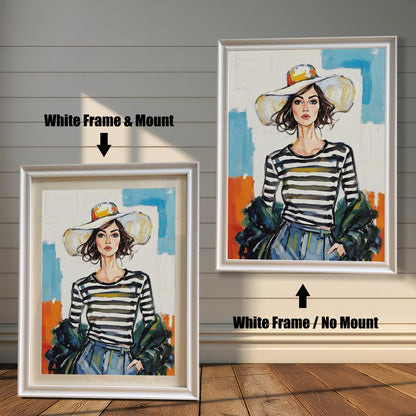 Two framed art prints on a wooden wall showing different white frame options. One print has a **White Frame & Mount**, and the other has a **White Frame / No Mount**.
