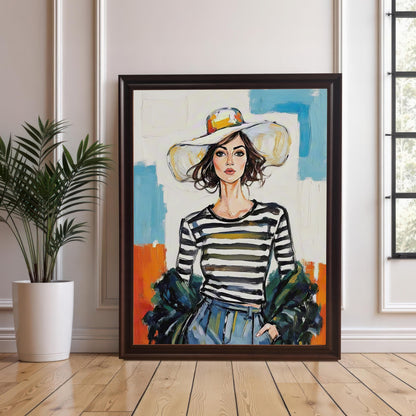 A framed art print of a woman in a striped shirt and hat leaning against a wall next to a houseplant. The frame is a dark brown or coffee color.