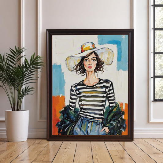 A framed art print of a woman in a striped shirt and hat leaning against a wall next to a houseplant. The frame is a dark brown or coffee color.