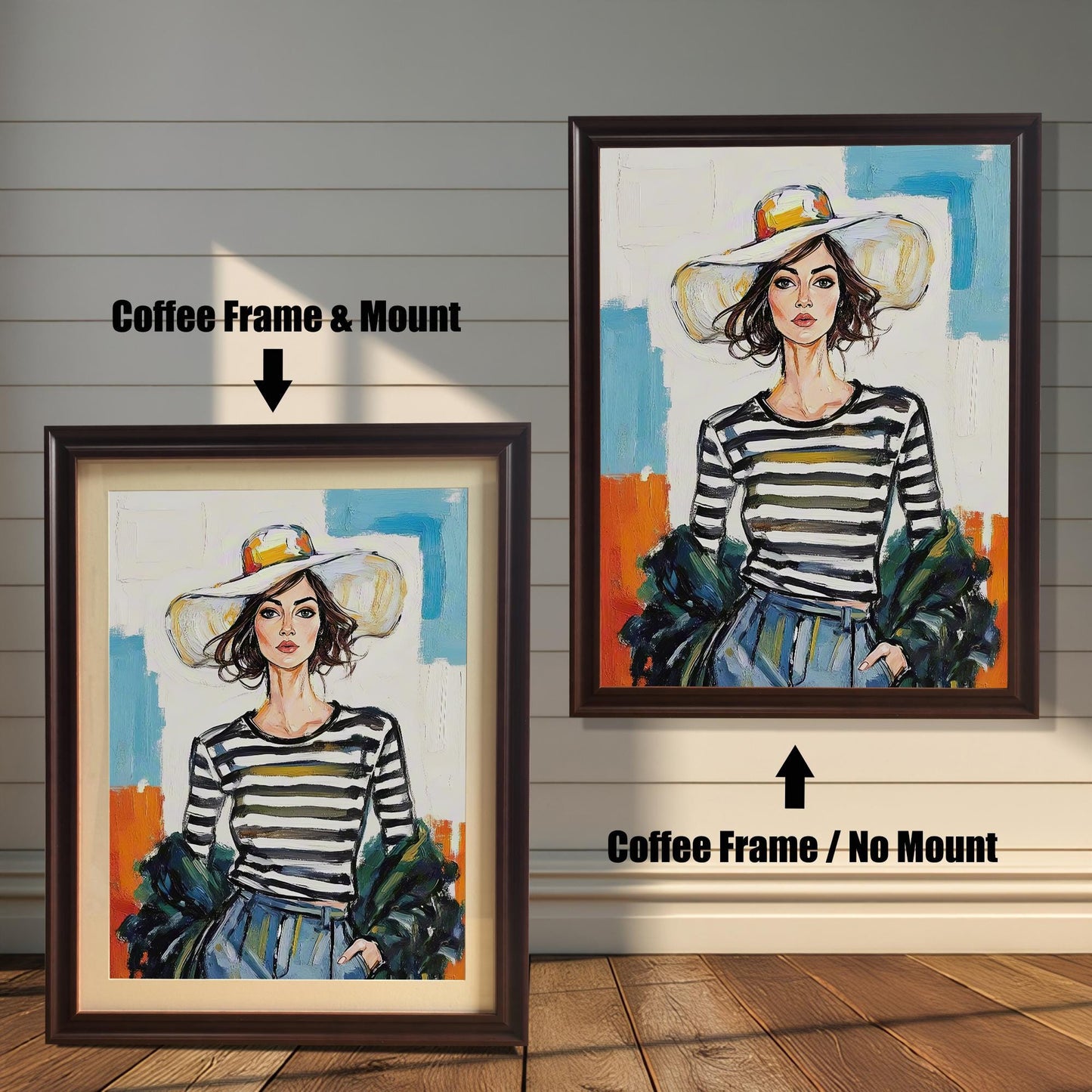 Two framed art prints on a wooden wall showing different coffee frame options. One print has a **Coffee Frame & Mount**, and the other has a **Coffee Frame / No Mount**.