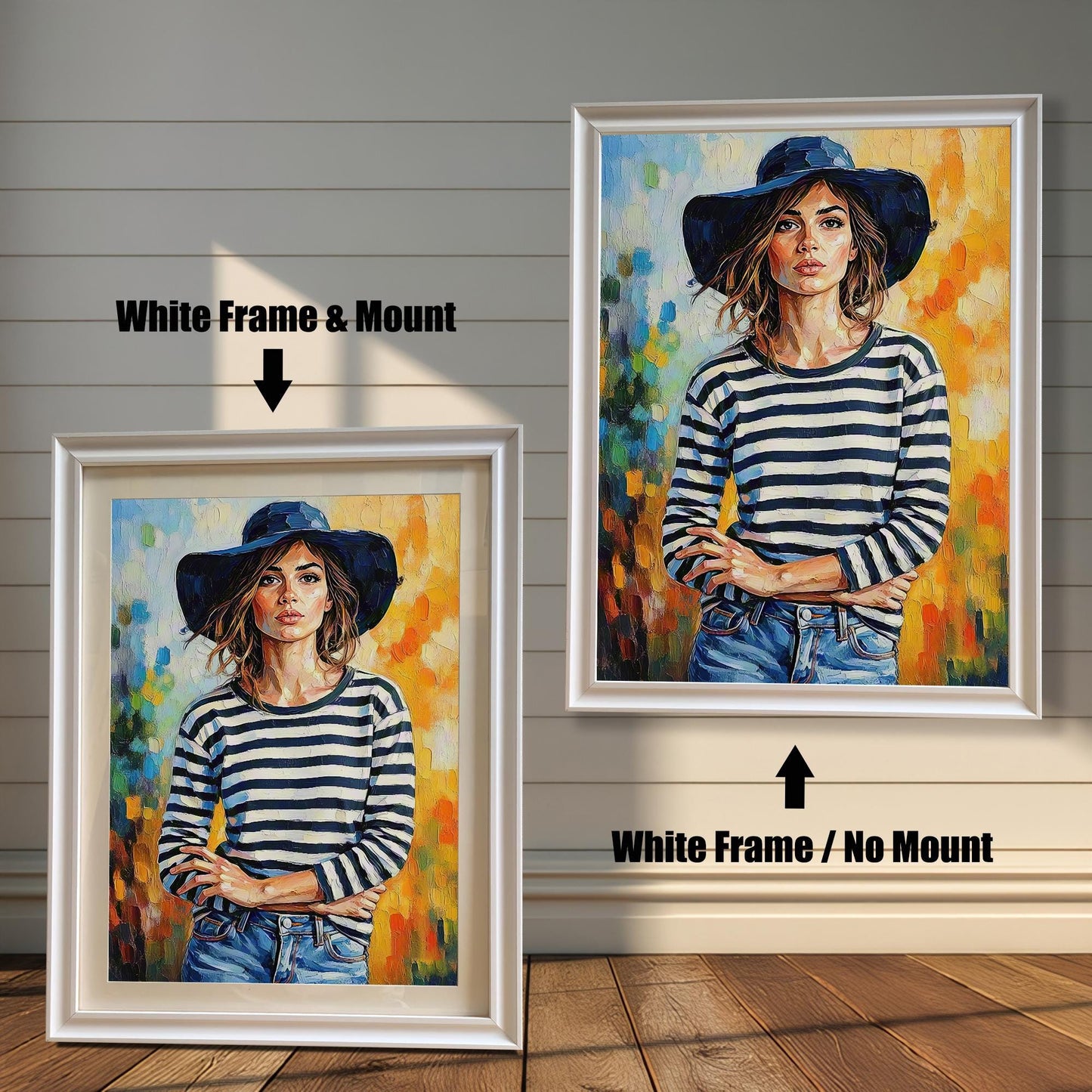Two framed art prints on a wooden wall showing different white frame options. One print has a **White Frame & Mount**, and the other has a **White Frame / No Mount**.