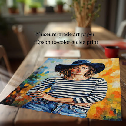 A high-quality art print of a woman in a striped shirt and a floppy blue hat. Text on the image highlights "Museum-grade art paper" and "Epson 12-color giclee print."