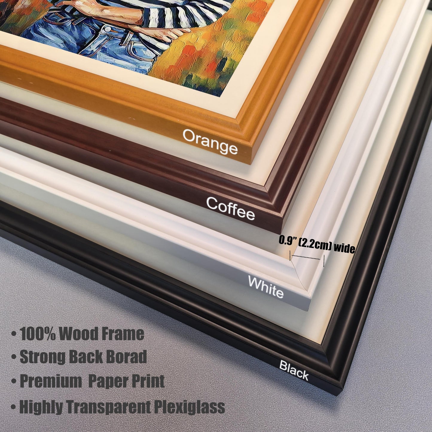 A close-up, angled view of different frame corners stacked together. The frames are labeled **Orange, Coffee, White,** and **Black.** Text lists the frame's features, including **100% Wood Frame** and **Highly Transparent Plexiglass**.