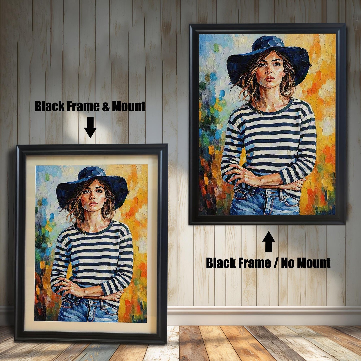 Two framed art prints on a wooden wall showing different black frame options. One print has a **Black Frame & Mount**, and the other has a **Black Frame / No Mount**.