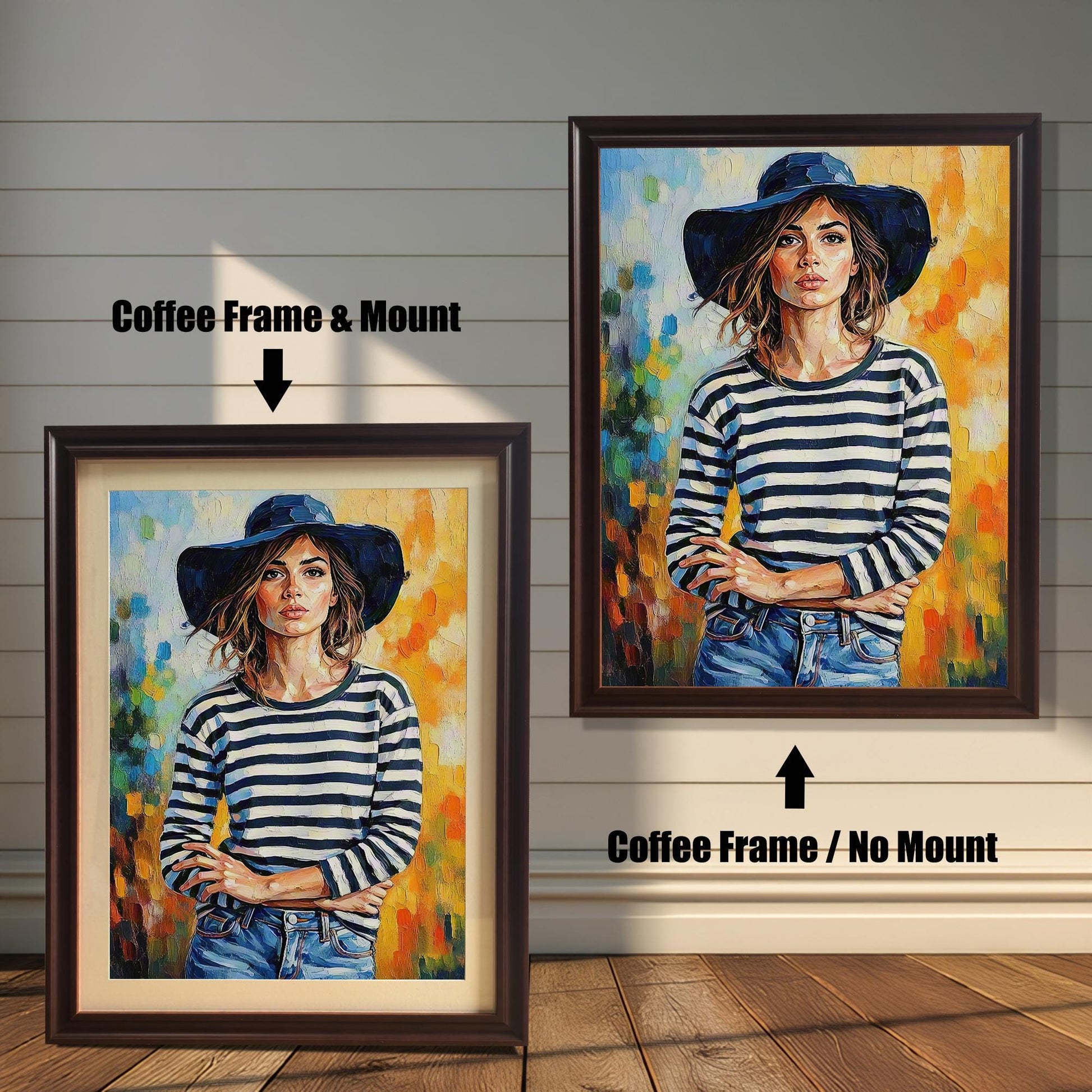 Two framed art prints on a wooden wall showing different coffee frame options. One print has a **Coffee Frame & Mount**, and the other has a **Coffee Frame / No Mount**.